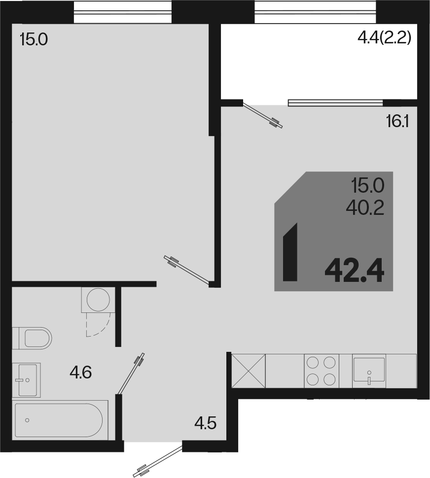 2-комн., 40.2 м², 2/18 этаж, ЖК «Первое место»