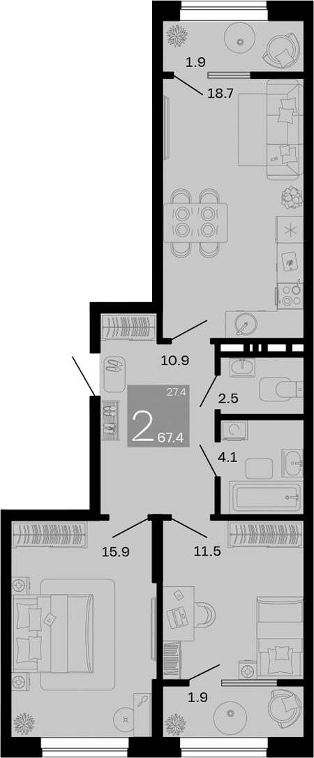 2-комн., 63.6 м², 3/8 этаж, ЖК «Хозяин Морей»