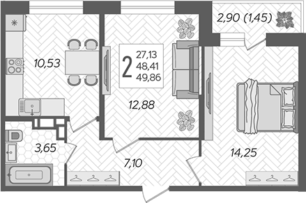 2-комн., 48.41 м², 10/12 этаж, ЖК «Смородина»