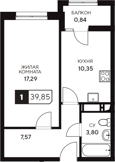 1-комн., 39.01 м², 4/20 этаж, ЖК «Центральный. Гамма»