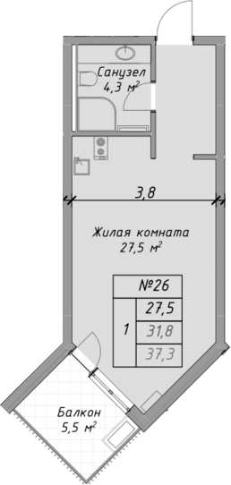 Студия, 31.8 м², 2/4 этаж, ЖК «Оазис Азова»