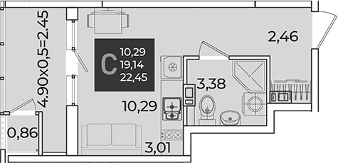 Студия, 19.14 м², 6/18 этаж, ЖК «Образцово»