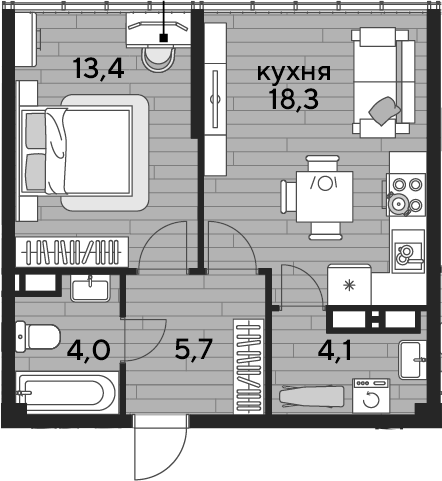 1-комн., 45.5 м², 19/19 этаж, ЖК «DОГМА ПАРК»