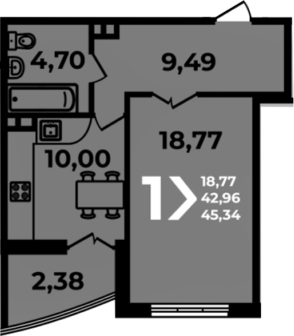 1-комн., 42.96 м², 17/19 этаж, ЖК «Аксиома»