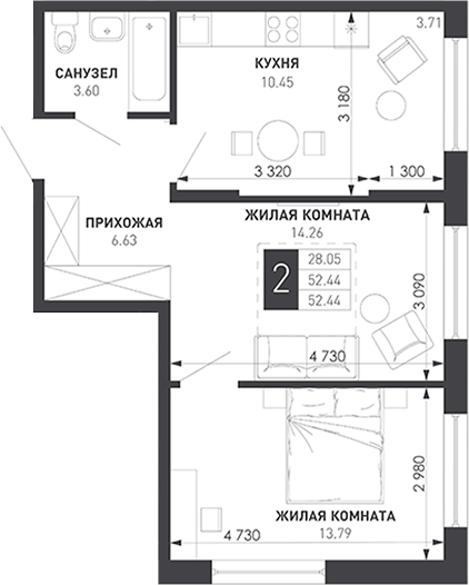 2-комн., 50.19 м², 5/9 этаж, ЖК «Иначе в Молодежном»