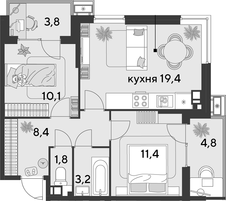 3-комн., 54.3 м², 6/9 этаж, ЖК «Парк Победы»