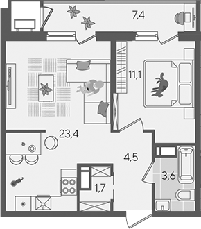 2-комн., 44.3 м², 22/24 этаж, ЖК «Рекорд»