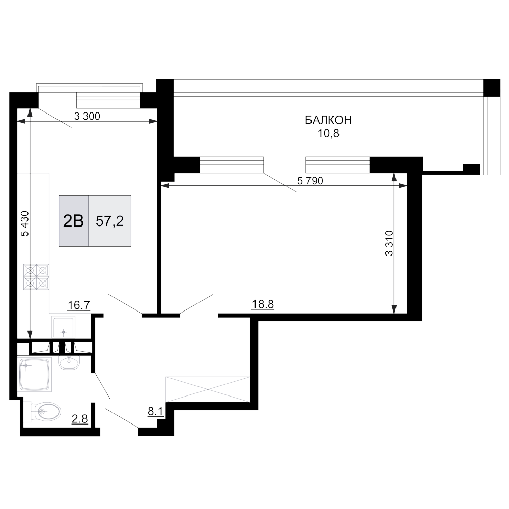 2-комн., 46.4 м², 6/9 этаж, ЖК «Гостиничный комплекс Мореград»