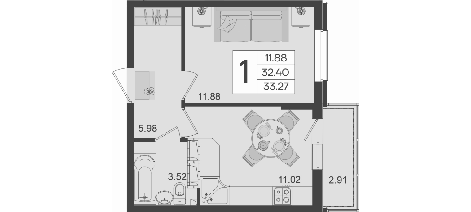 1-комн., 32.4 м², 8/18 этаж, ЖК «Дом 101»