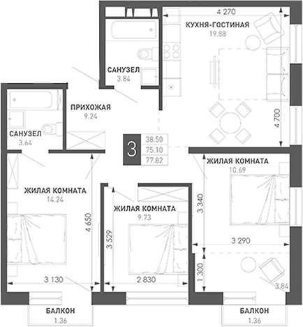 3-комн. Иначе в Молодежном