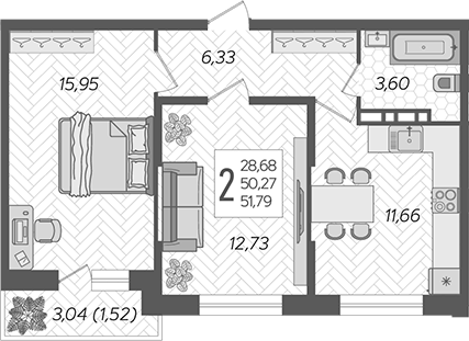 2-комн., 50.27 м², 9/16 этаж, ЖК «Смородина»