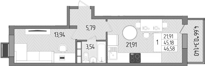 1-комн., 45.18 м², 2/8 этаж, ЖК «Сады у моря»