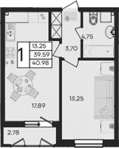 1-комн., 39.59 м², 2/9 этаж, ЖК «Дом 101»