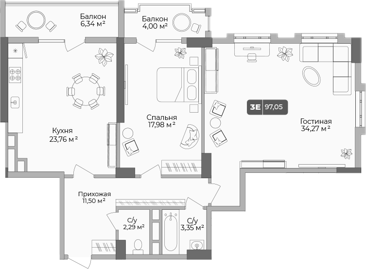 2-комн., 93.95 м², 10/17 этаж, ЖК «Золотой берег. СЗ Среда»
