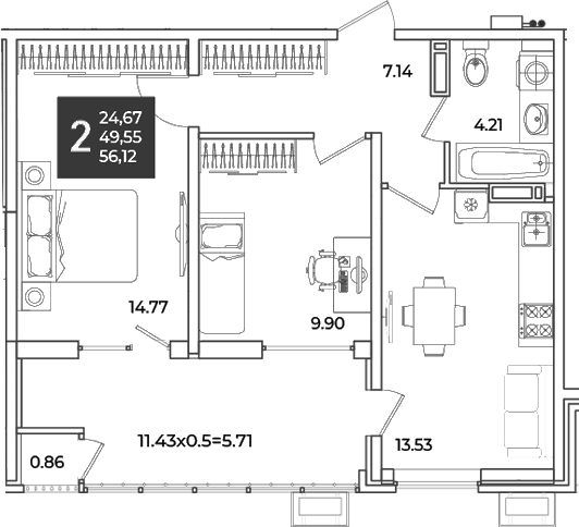 2-комн., 49.55 м², 17/18 этаж, ЖК «Образцово»
