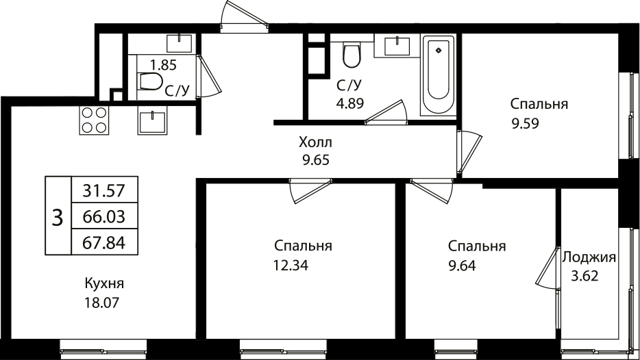 4+ комнаты, 65.81 м², 11/18 этаж, ЖК «Патрики»