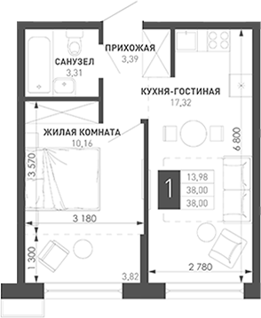 1-комн., 39.99 м², 6/18 этаж, ЖК «Иначе в Молодежном»