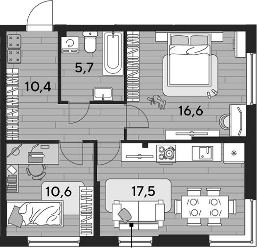 2-комн., 60.8 м², 2/16 этаж, ЖК «DОГМА ПАРК»