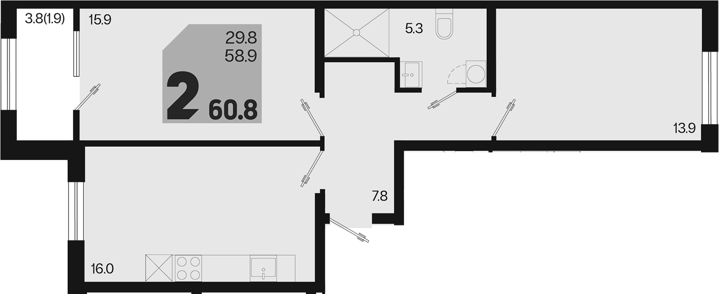 2-комн., 58.9 м², 2/9 этаж, ЖК «Первое место»