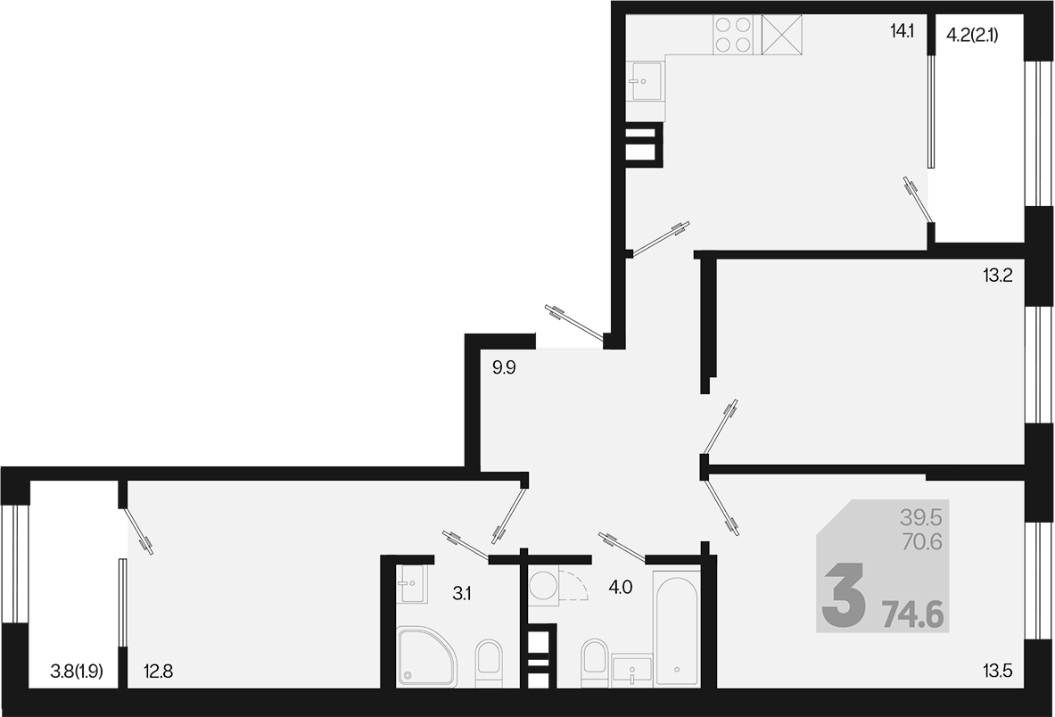3-комн., 70.6 м², 6/9 этаж, ЖК «Первое место»