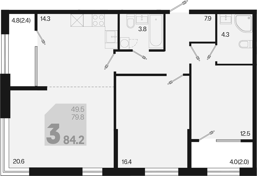 3-комн., 79.8 м², 2/9 этаж, ЖК «Первое место»