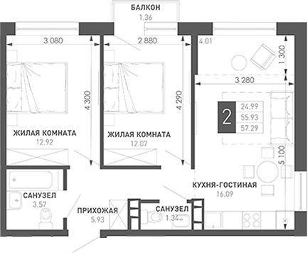 2-комн., 57.79 м², 2/9 этаж, ЖК «Иначе в Молодежном»
