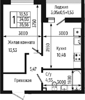 1-комн., 34.03 м², 2/9 этаж, ЖК «Ботаника Хиллс»