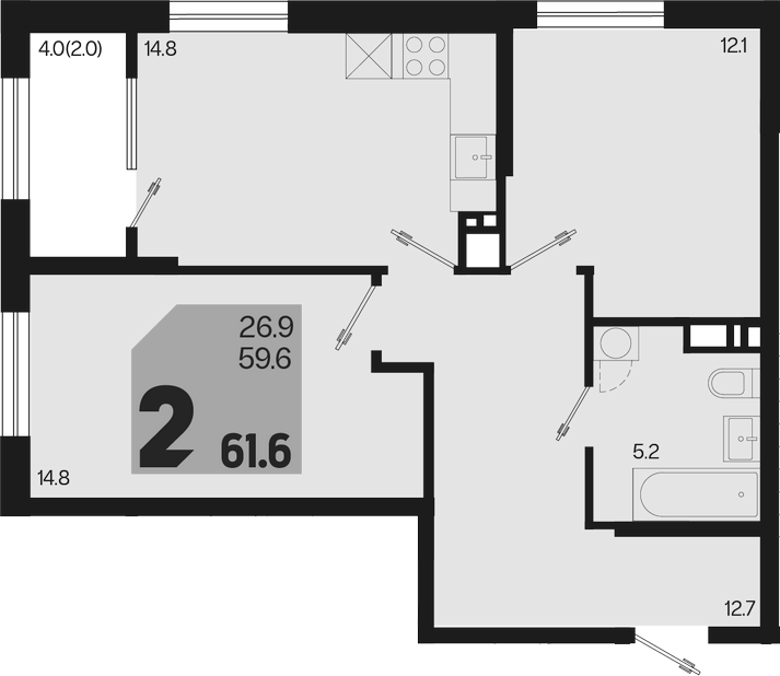 2-комн., 59.6 м², 16/18 этаж, ЖК «Первое место»