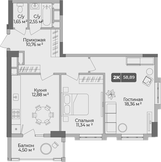 2-комн., 57.54 м², 14/17 этаж, ЖК «Золотой берег. СЗ Среда»