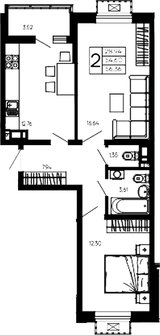 2-комн., 54.6 м², 14/14 этаж, ЖК «Эпос»