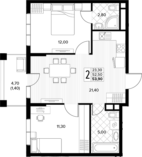 2-комн., 52.5 м², 7/7 этаж, ЖК «Кипарис»