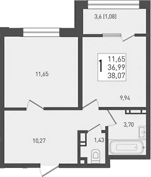 1-комн., 36.99 м², 2/9 этаж, ЖК «Югге»