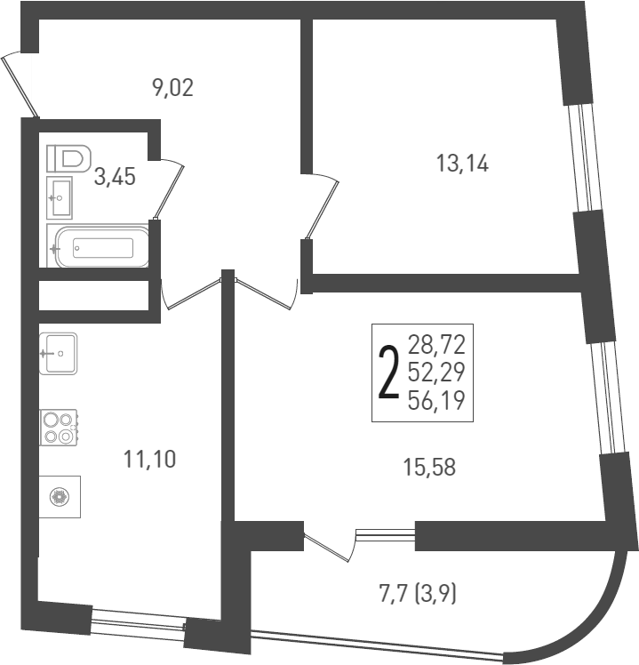 2-комн., 53.5 м², 19/24 этаж, ЖК «ЖК «Кубанская Крепость»»
