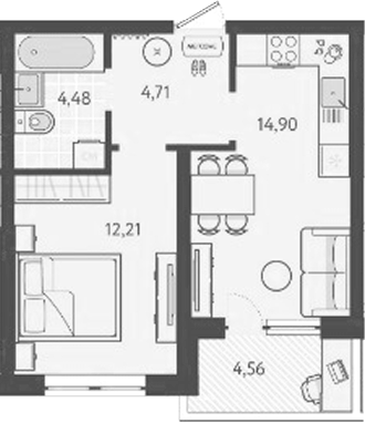 1-комн., 35.79 м², 1/9 этаж, ЖК «Теплые края»