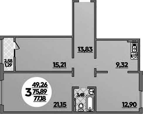 3-комн., 75.89 м², 7/8 этаж, ЖК «Молодежный 2»