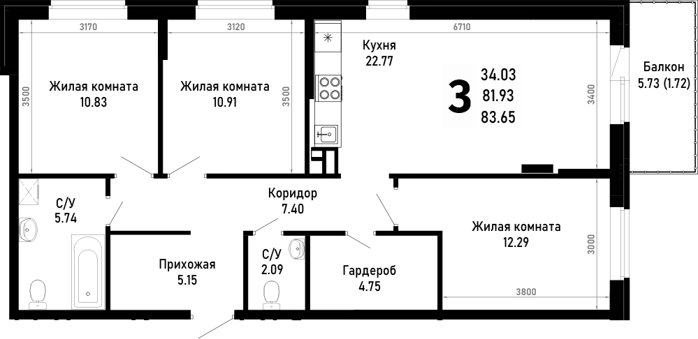3-комн., 81.93 м², 1/4 этаж, ЖК «Усадьба Гостагаевская»