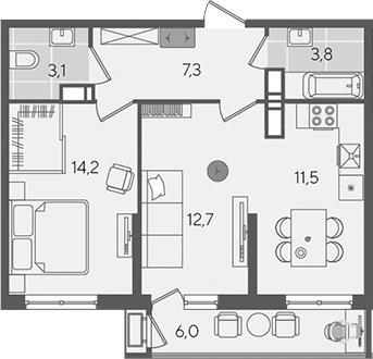 2-комн., 52.6 м², 16/24 этаж, ЖК «Рекорд»
