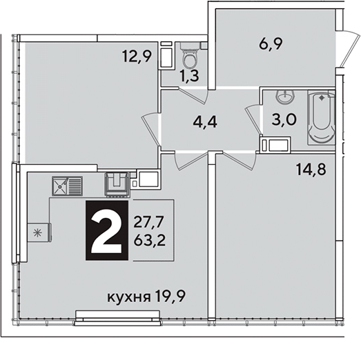 3-комн., 63.2 м², 16/16 этаж, ЖК «Самолет»