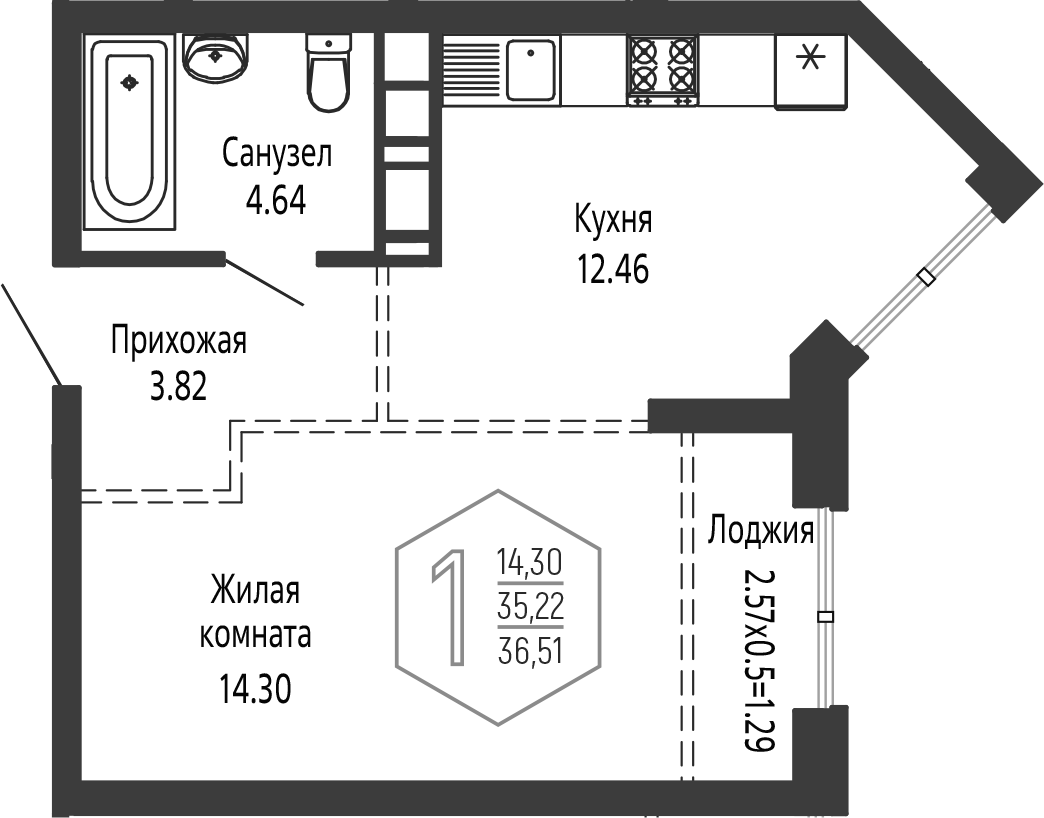 1-комн., 35.22 м², 24/24 этаж, ЖК «Гарантия PRIME»