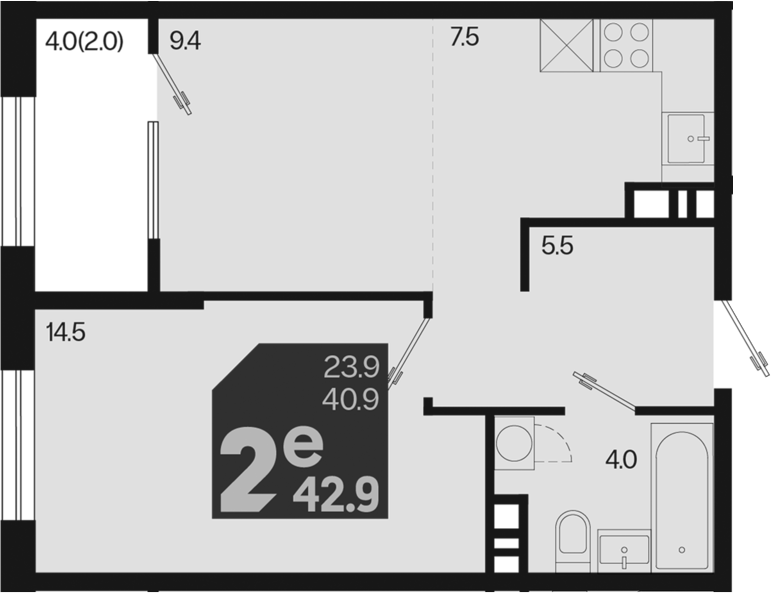2-комн., 40.9 м², 9/9 этаж, ЖК «Первое место»