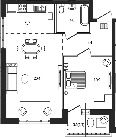 2-комн., 46.4 м², 1/7 этаж, ЖК «Сиреневый бульвар»