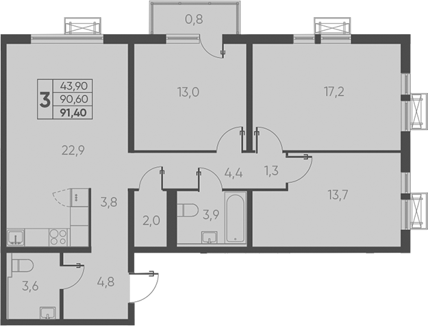 3-комн., 90.6 м², 11/24 этаж, ЖК «Барса»