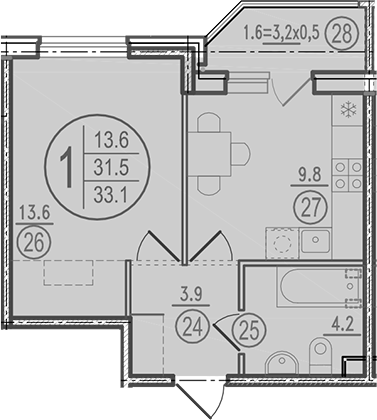1-комн., 31.5 м², 1/9 этаж, ЖК «Спортивная деревня»