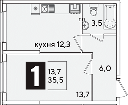 1-комн., 35.5 м², 1/16 этаж, ЖК «Самолет»