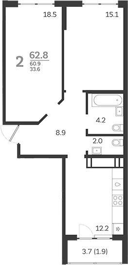 Продается 2-комн. квартира, 60.9 м²