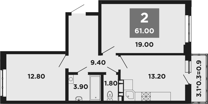 2-комн., 60 м², 20/20 этаж, ЖК «НЕО-квартал Красная площадь»