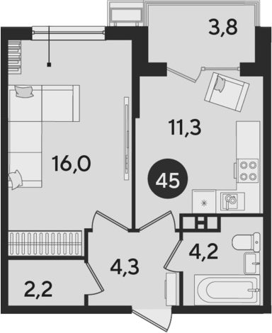 1-комн., 38 м², 3/9 этаж, ЖК «Парк Победы»