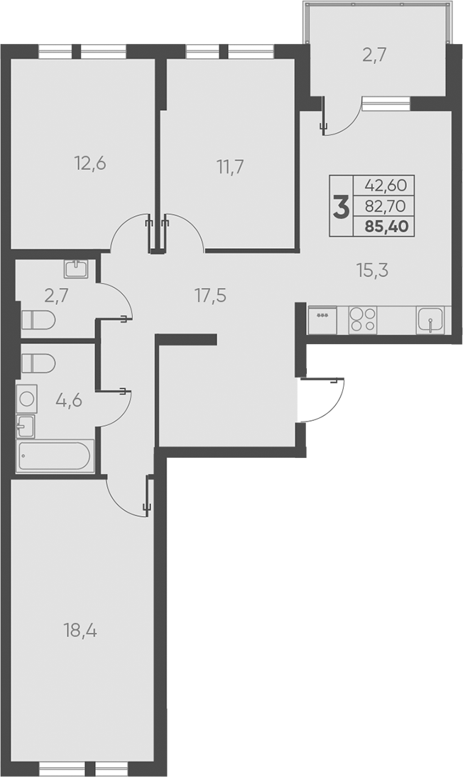3-комн., 82.7 м², 11/15 этаж, ЖК «Барса»