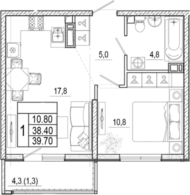 2-комн., 38.4 м², 17/17 этаж, ЖК «Лестория»