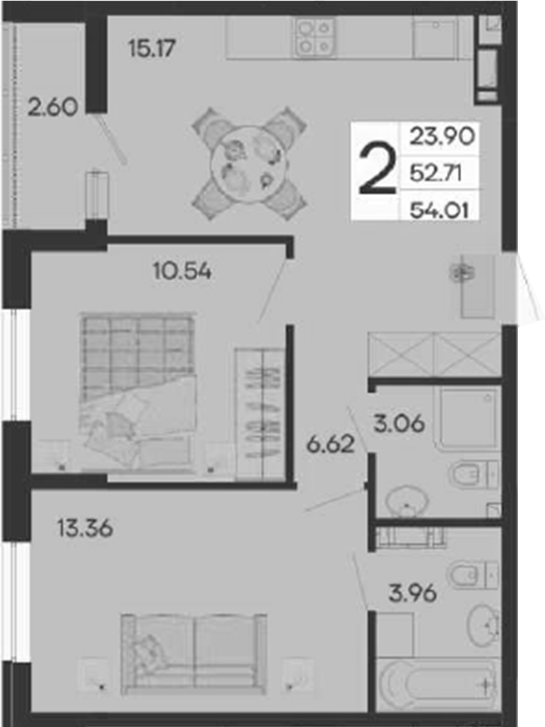 2-комн., 52.71 м², 5/9 этаж, ЖК «Дом 101»